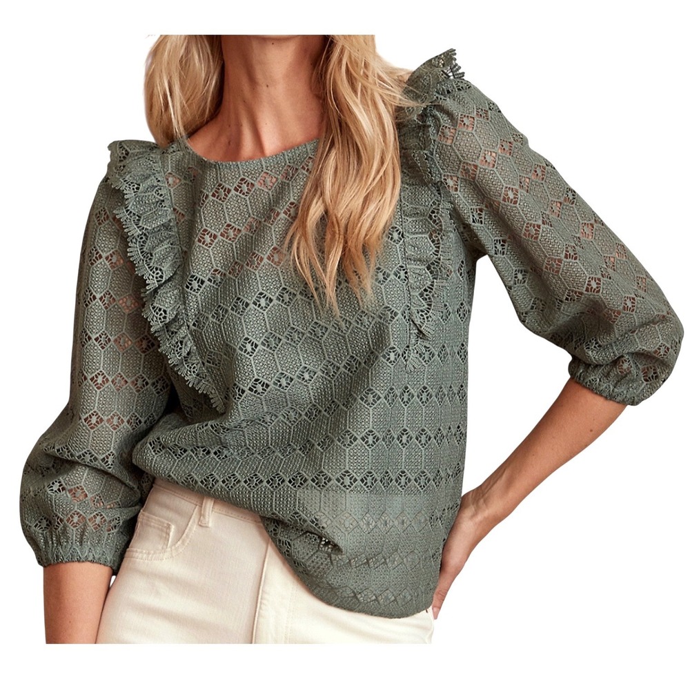 GARNET HILL Sage Green RUFFLE DETAIL LACE BLOUSE TOP w/Camisole BOHO Fairycore 4